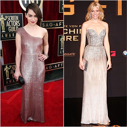 Emilia's gown by Calvin Klein, purse by Rauwolf; Elizabeth's gown by Elie Saab, purse by Kara Ross