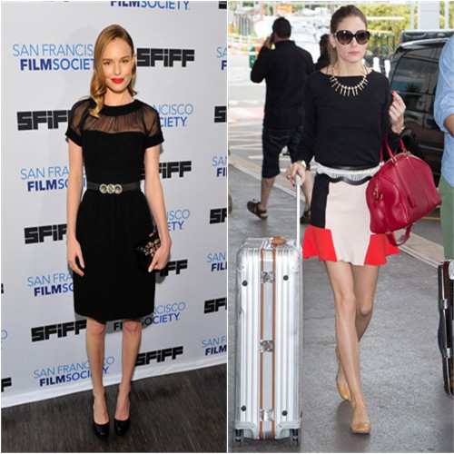 Kate's dress by Oscar de la Renta, purse by Devi Kroell; Olivia's top and skirt by Zara, purse by Louis Vuitton, shoes by French Sole