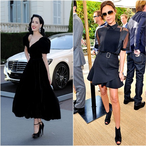 Dita's dress by Ulyana Sergeenko; Victoria's top, skirt, and sunglasses by Victoria Beckham
