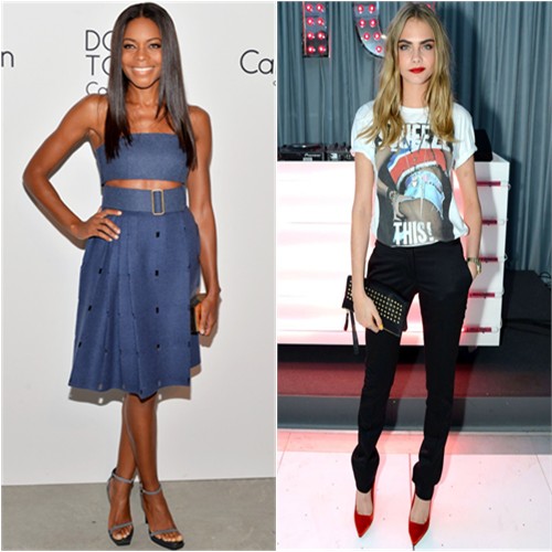 Naomi's top and skirt by Calvin Klein; Cara's top, pants, purse, and shoes by Burberry