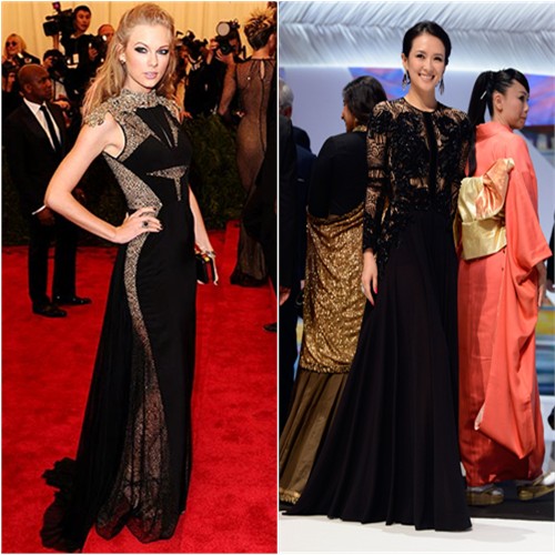 Taylor's gown and purse by J. Mendel; Zhang's gown by Elie Saab