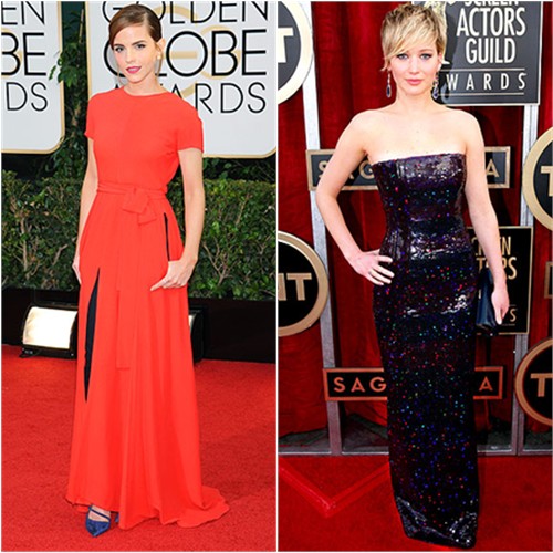 Emma's gown by Christian Dior, shoes by Roger Vivier; Jennifer's gown by Christian Dior