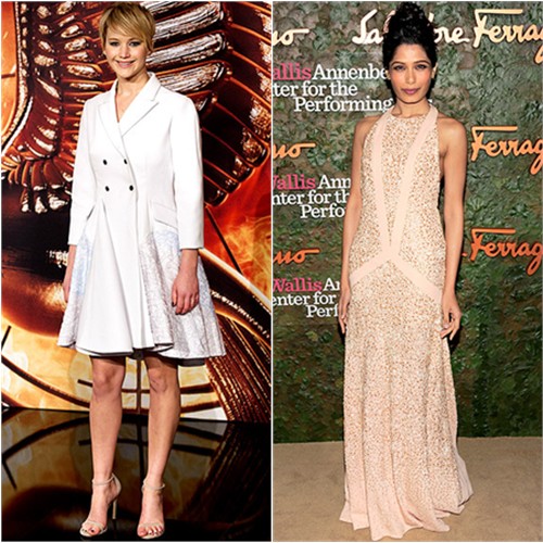 Jennifer's dress by Christian Dior, shoes by Stuart Weitzman; Freida's gown by Salvatore Ferragamo