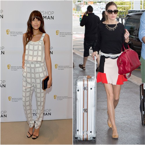 Ashley's jumpsuit by Topshop; Olivia's top and skirt by Zara, purse by Louis Vuitton, shoes by French Sole