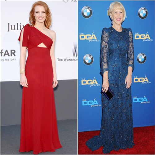 Jessica's gown by Saint Laurent; Helen's gown by Jenny Packham, purse by Rauwolf