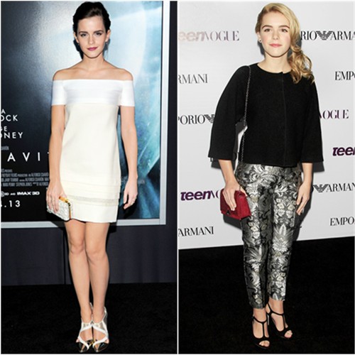 Emma's dress and shoes by J. Mendel; Kiernan's jacket, pants, purse, and shoes by Emporio Armani