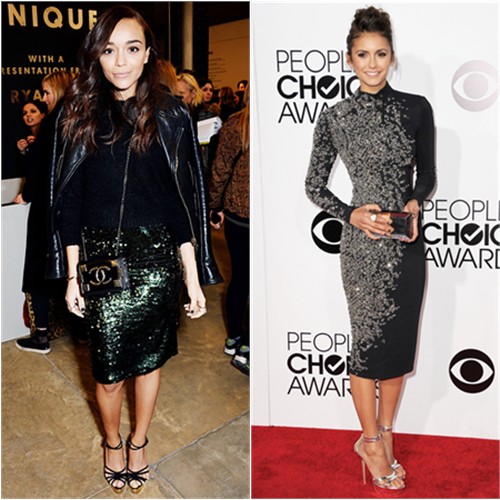 Ashley's skirt by Topshop, purse by Chanel, shoes by Charlotte Olympia; Nina's dress by Jenny Packham, purse by Rauwolf, shoes by Charlotte Olympia