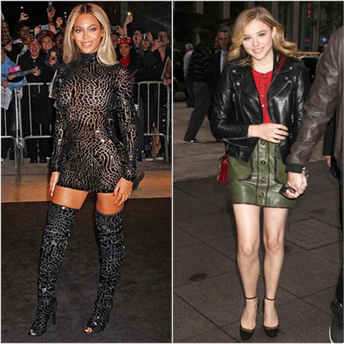 Beyoncé's dress and boots by Tom Ford; Chloë's jacket by Saint Laurent, top, skirt, and purse by Chanel, shoes by Jimmy Choo