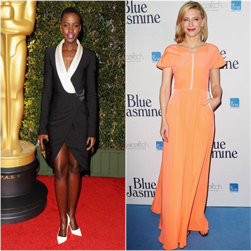 Lupita's dress by Prabal Gurung, purse by Charlotte Olympia, shoes by Christian Louboutin; Cate's gown by Roksanda Ilincic
