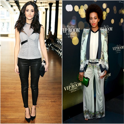 Emmy's top and pants by Yigal Azrouel; Solange's suit and blouse by Roberto Cavalli, purse by Vionnet