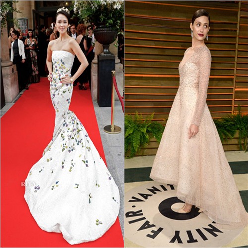 Zhang's gown by Giambattista Valli; Emmy's gown by Monique Lhuillier
