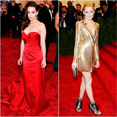 Emilia's gown by Ralph Lauren; Elizabeth's dress by Atelier Versace, purse and shoes by Brian Atwood