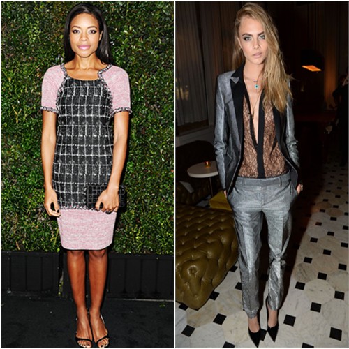 Naomie's dress by Chanel; Cara's suit and blouse by Saint Laurent