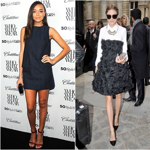 Ashley's top and skirt by Theory, purse by Rauwolf, shoes by Nicholas Kirkwood; Olivia's purse by Valentino