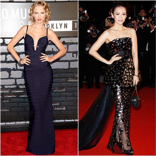 Taylor's gown by Herve Leger by Max Azria; Zhang's gown by Chanel, purse by Salvatore Ferragamo, shoes by Jimmy Choo