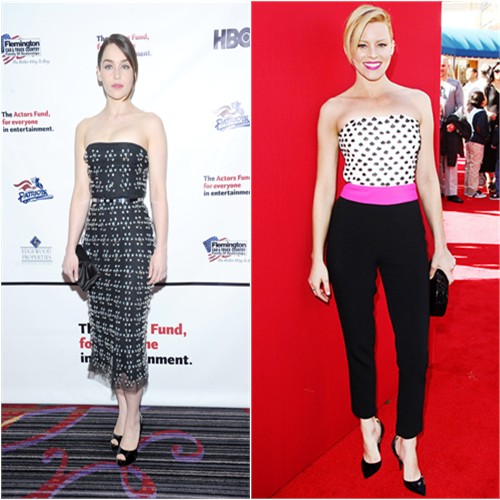 Emilia's dress by Christian Dior; Elizabeth's jumpsuit by Osman, purse by Edie Parker, shoes by Jimmy Choo