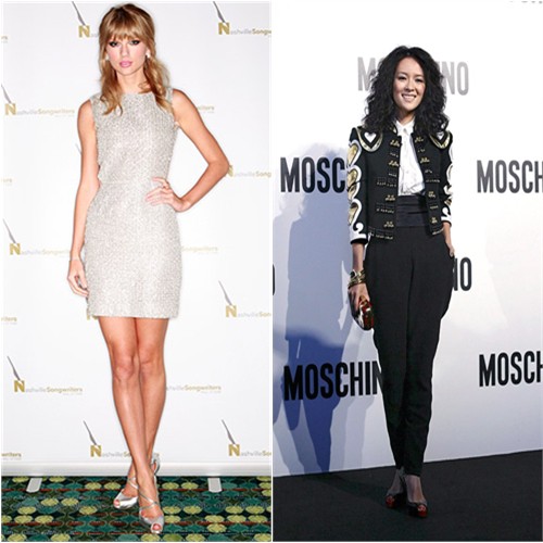 Taylor's dress by Houghton, shoes by Christian Louboutin; Zhang's jacket, blouse, pants, and purse by Moschino, shoes by Christian Louboutin