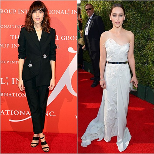 Alexa's suit by Christopher Kane; Emilia's gown by Donna Karan, purse by Rauwolf
