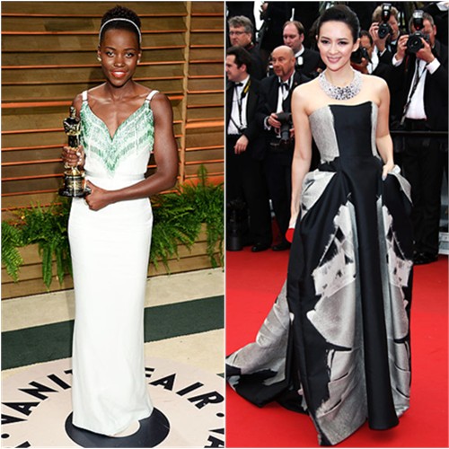 Lupita's gown by Miu Miu; Zhang's gown by Carolina Herrera, purse by Jimmy Choo