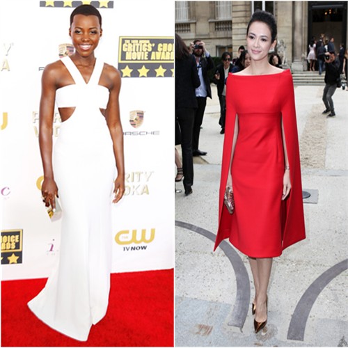 Lupita's gown and purse by Calvin Klein; Zhang's dress by Valentino, shoes by Christian Louboutin
