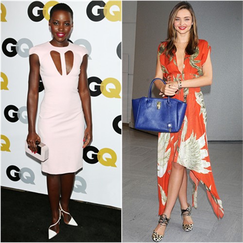 Lupita's dress by Cushnie et Ochs, purse by Devi Kroell, shoes by Christian Louboutin; Miranda's dress by Wes Gordon, purse by Samantha Thavasa, shoes by Bionda Castana