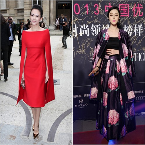 Zhang's dress by Valentino, shoes by Christian Louboutin; Fan's coat, top, and skirt by Christopher Bu, purse by Louis Vuitton