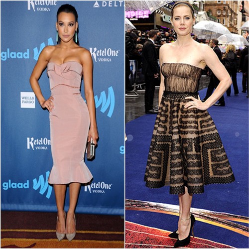 Naya's dress by Zac Posen, shoes by Christian Louboutin; Amy's dress by Valentino, shoes by Casadei