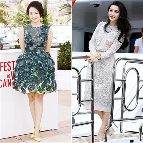 Zhang's dress by Giambattista Valli, shoes by Christian Louboutin; Fan's dress by Elie Saab