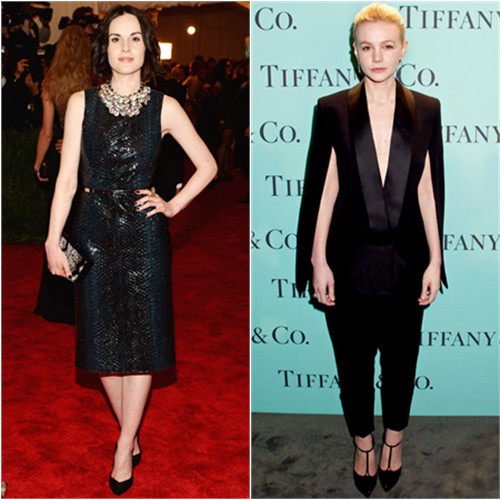 Michelle's dress by Burberry, purse by Edie Parker, shoes by Gianvito Rossi; Carey's tuxedo by Victoria Beckham, shoes by Saint Laurent