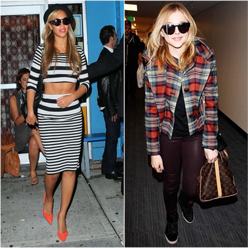 Beyoncé's top and skirt by Topshop, hat by Eugenia Kim, sunglasses by Karen Walker, purse by Kurt Geiger; Chlo 's jacket by Vivienne Westwood, pants by J Brand, purse by Louis Vuitton