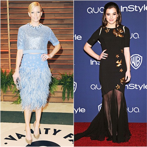 Elizabeth's top and skirt by Jenny Packham, purse by JImmy Choo, shoes by Casadei; Hailee's gown by Andrew Gn