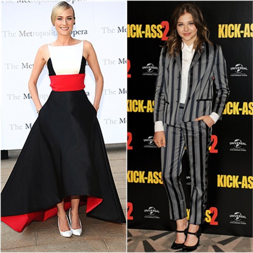 Diane's gown by Prabal Gurung, shoes by Casadei; Chloë's suit by Viktor & Rolf, shoes by Chanel