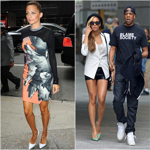 Nicole's dress by Antonio Berardi, shoes by Manolo Blahnik; Beyonc 's blazer by Helmut Lang, purse by Alexander Wang