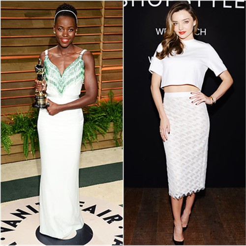 Lupita's gown by Miu Miu; Miranda's top by Louise Goldin, skirt by Jenni Kayne, shoes by Manolo Blahnik