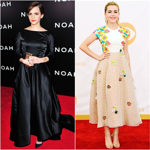 Emma's gown by Oscar de la Renta, purse by Roger Vivier, shoes by Christian Louboutin; Kiernan's dress by Delpozo, shoes by Jimmy Choo