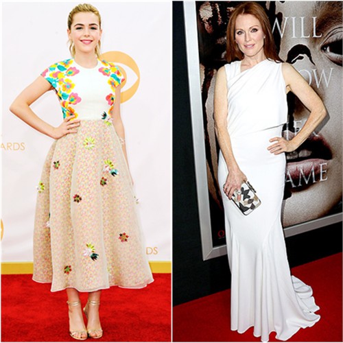 Kiernan's dress by Delpozo, shoes by Jimmy Choo; Julianne's gown and purse by Givenchy