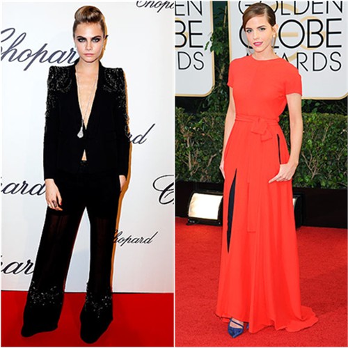 Cara's suit by Roberto Cavalli; Emma's gown and pants by Christian Dior, shoes by Roger Vivier