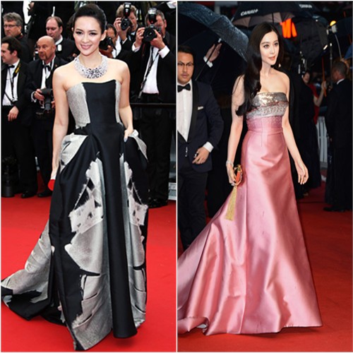 Zhang's gown by Carolina Herrera, purse by Jimmy Choo; Fan's gown and purse by Louis Vuitton