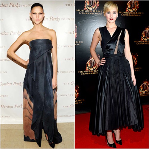 Karlie's gown by Donna Karan; Jennifer's dress by Christian Dior, shoes by Christian Louboutin