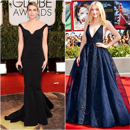 Emma's gown by Lanvin, purse by Kotur; Dakota's gown by Elie Saab