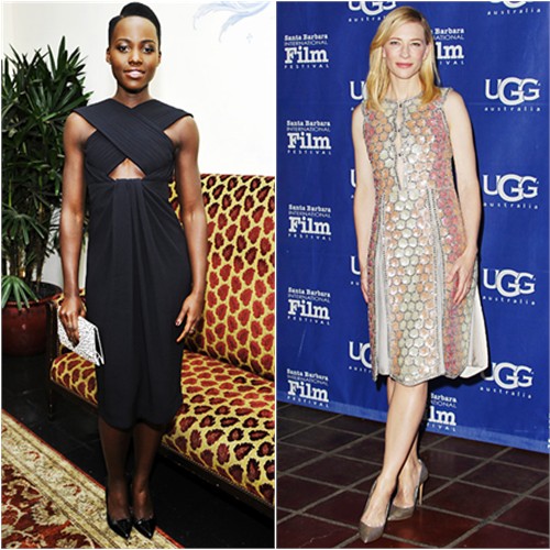 Lupita's dress, purse, and shoes by Proenza Schouler; Cate's dress by Maison Martin Margiela, shoes by Casadei