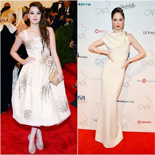 Hailee's dress by Donna Karan, purse and shoes by Jimmy Choo; Coco's gown by DSquared2