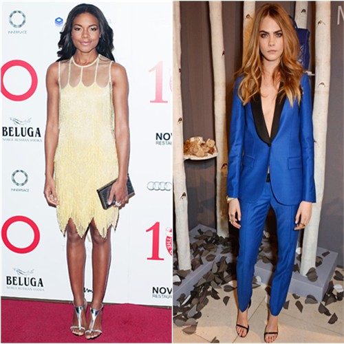 Naomie's dress by Naeem Khan, purse by Zagliani, shoes by Christian Louboutin; Cara's suit by Mulberry