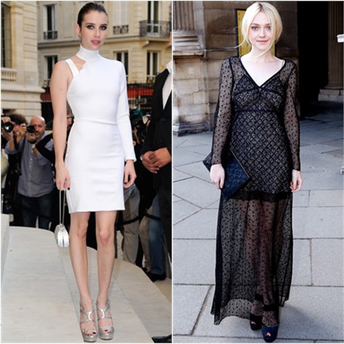 Emma's dress by Versace; Dakota's gown, purse, and shoes by Louis Vuitton