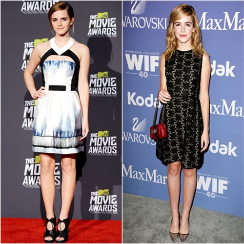 Emma's dress by Maxime Simoens, shoes by Proenza Schouler; Kiernan's dress by MaxMara, purse and shoes by Christian Louboutin