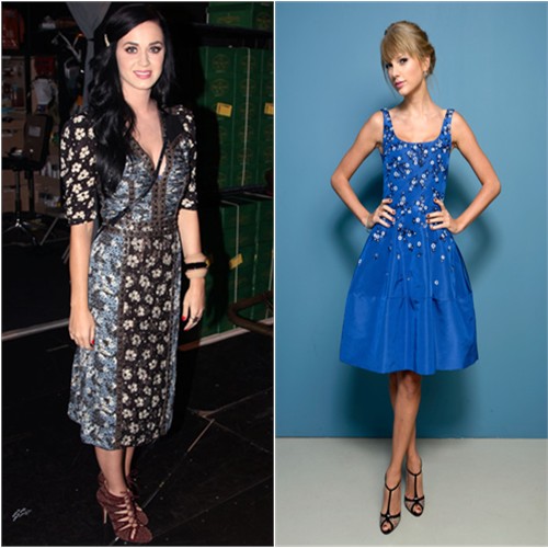 Katy's dress by Bottega Veneta, purse by Cline, shoes by Bionda Castana; Taylor's dress by Oscar de la Renta, shoes by Christian Louboutin