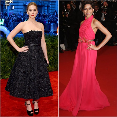 Jennifer's dress by Christian Dior, shoes by Brian Atwood; Freida's gown by Gucci