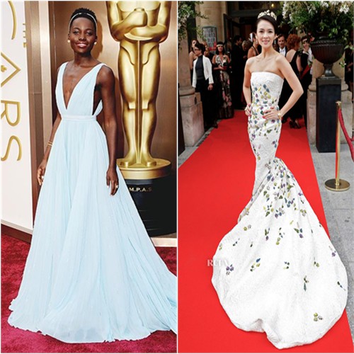 Lupita's gown by Prada; Zhang's gown by Giambattista Valli