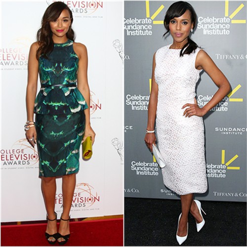 Ashley's dress by Monique Lhuillier, purse by Jimmy Choo; Kerry's dress by Giambattista Valli, purse by Nancy Gonzalez, shoes by Christian Louboutin