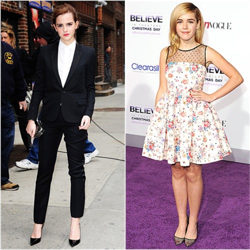 Emma's suit by Saint Laurent, purse by Reese Hudson, shoes by Christian Louboutin; Kiernan's dress by Valentino, shoes by Christian Louboutin